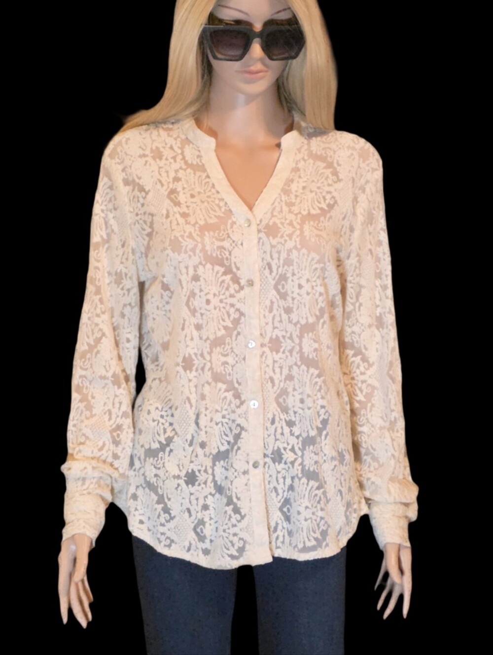 Sundance Sheer Lace Button Front Blouse SZ L EUC